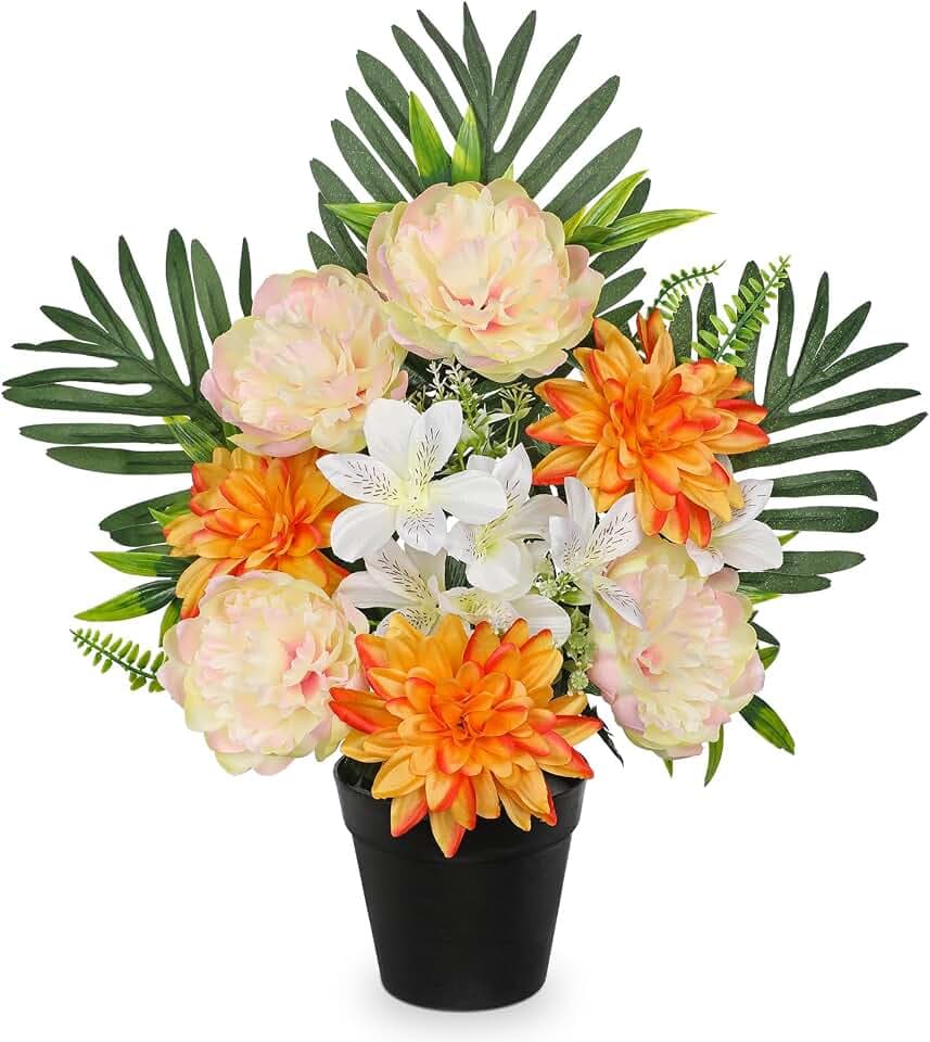 Oairse Artificial Cemetery Flowers in Pot Funeral Flowers Arrangements 18.8in Silk Orange Potted Peony Dahlia Memorial Flower for Grave Cemetery Headstones Outdoor Decoration