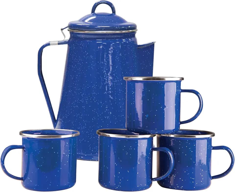 Stansport Enamel Percolator Coffee Pot & 4 Mug Set (11230),Blue