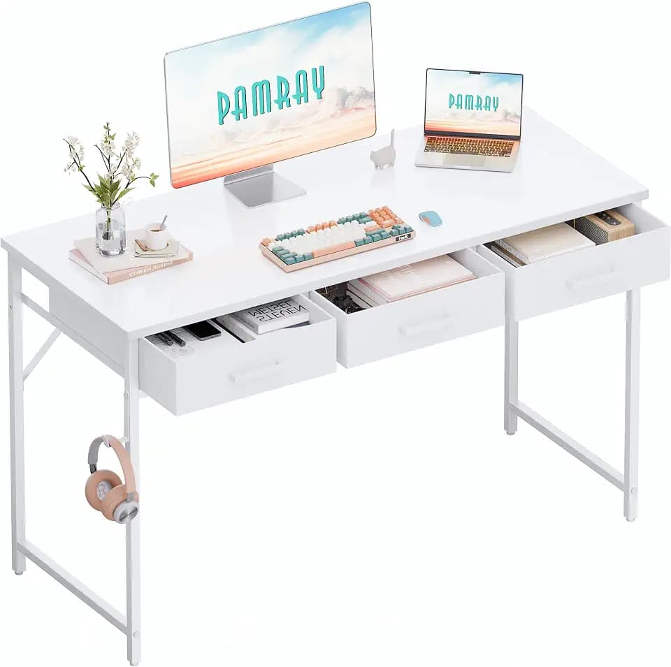 Pamray 47 Inch Small Computer Desk with 3 Drawers for Bedroom Study Writing Home Office Table for Small Spaces White