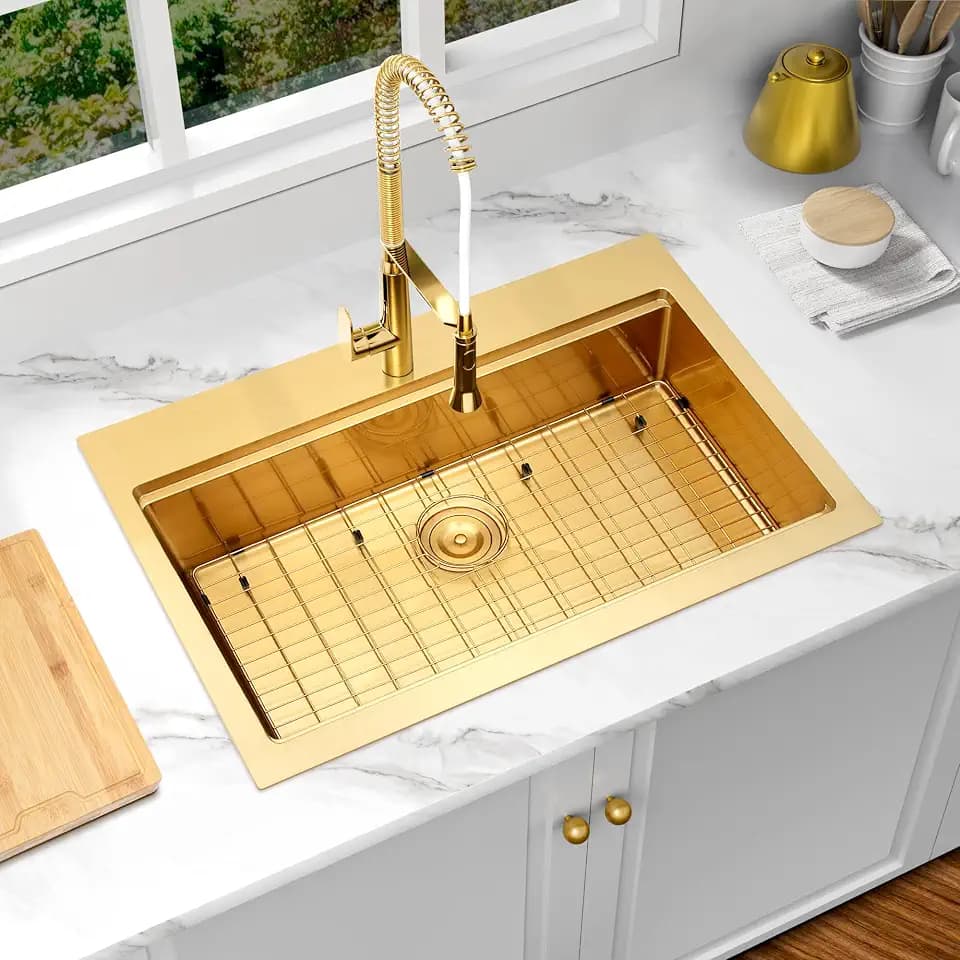 Gold Kitchen Sink, 33" x 22" Drop In Kitchen Sink,16 Gauge Stainless Steel All In One Workstation Sink with Ledge & Accessories, 33" x 22" x 10" Large and Deep Top Mount Kitchen Sinks