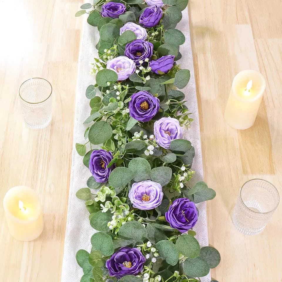 TOCHGREEN 2 Pack Artificial Eucalyptus Flower Garland with Purple Roses