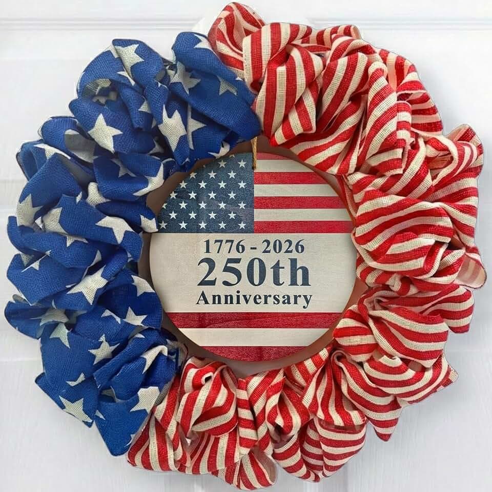 4th of July Wreath for Front Door - 20 inch Memorial Day Patriotic Decorations Outdoor, Red White and Blue 1776-2026 USA 250th Anniversary Burlap American Flag Door Wreaths