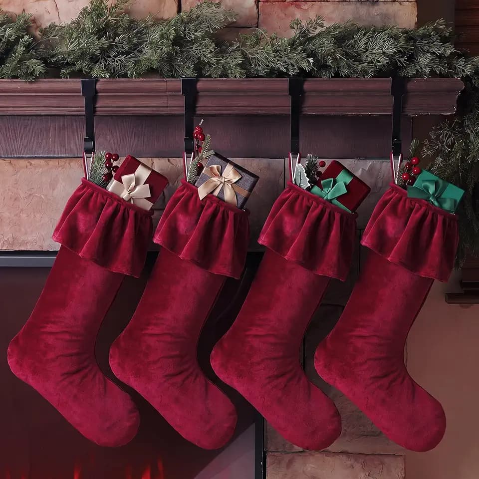 Kinlop 4 Pack 18 Inch Burgundy Velvet Christmas Stockings Ruffled Cuff