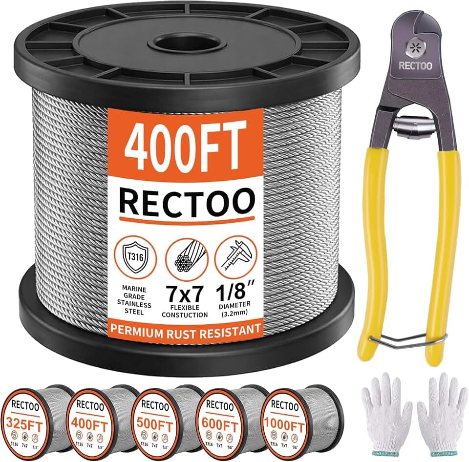 RECTOO 1/8 Stainless Steel Cable, 400FT T316 Marine Grade Wire Rope with 8" Cutter & Protector Sleeves, 7x7 Strand Aircraft Cable for Deck Railing, Stairs & Trellis, 1800 lbs Breaking Strength