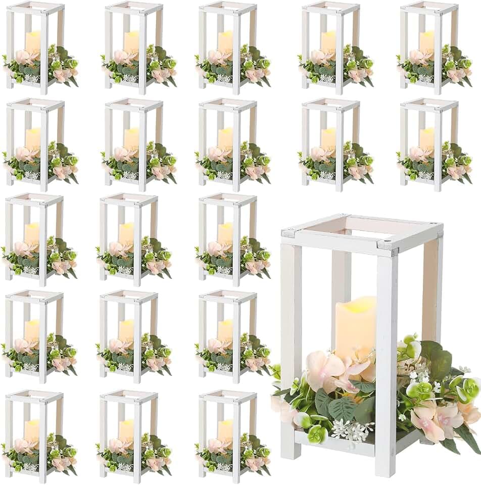 Hushee 60 Pcs Wooden Wedding Lantern Centerpiece Candles Wreaths Set,White