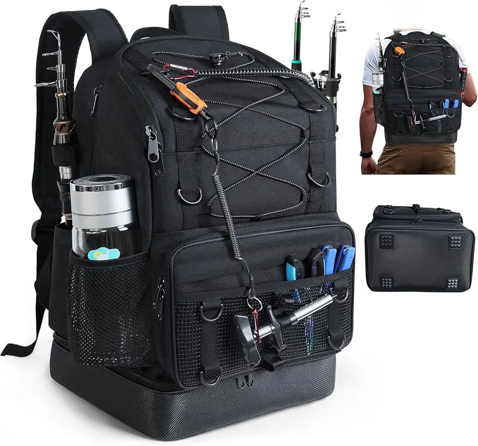 Fishing Backpack with Rod Holder, Heavy Duty Fishing Bag with Waterproof Bottom, Tackle Backpack Gifts for Man Woman-Black