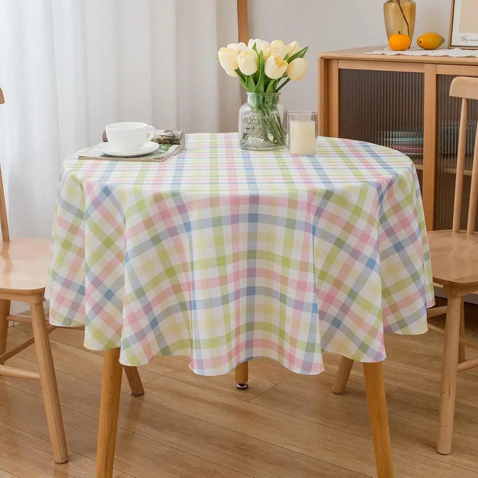 Easter Tablecloth Round 70 Inch Spring Pink Green Blue White Pastel Checkered Table Cloth - Circle Polyester Rustic Table Cover Reusable Water Resistant for Summer Holiday Party Picnic Décor