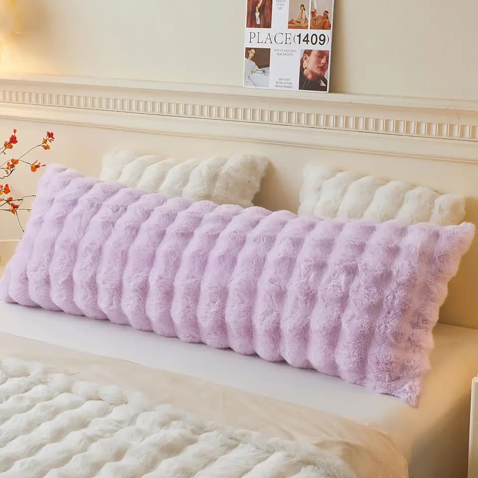 LIFEREVO Fluffy Faux Rabbit Fur Body Pillow Cover 20"x54", Lavender