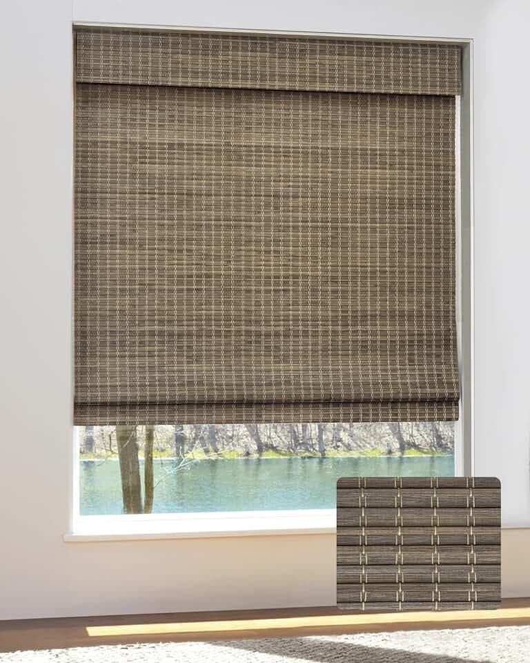 UNISHADES Bamboo Roman Shades w/Valance, 27" W × 64" H, BDP-Driftwood