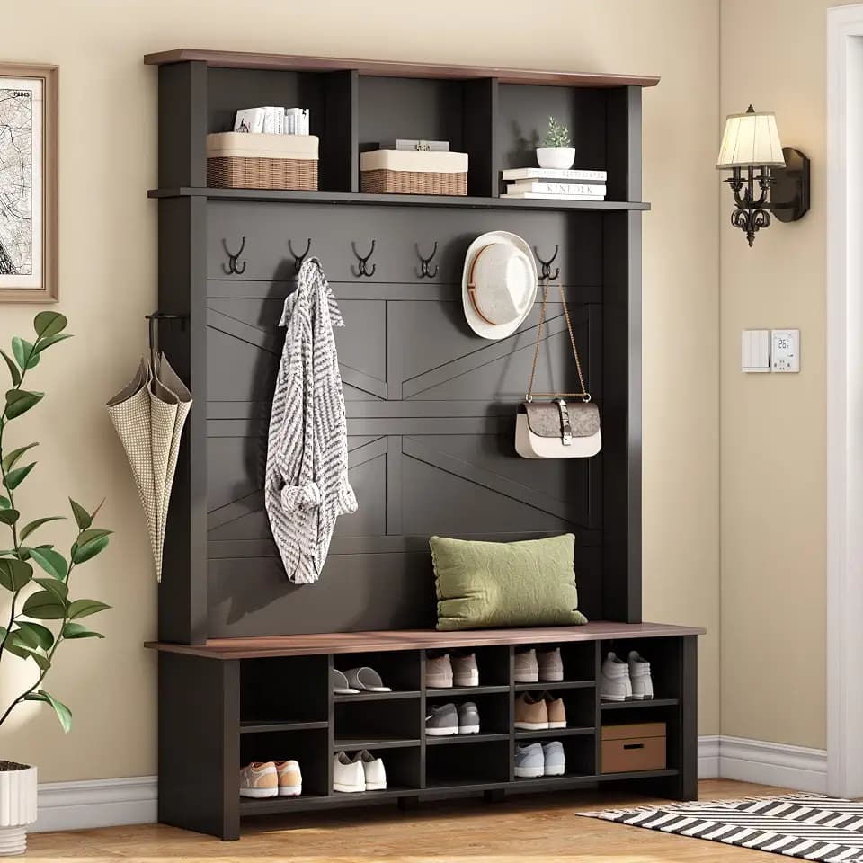 Merax Wood Rustic Hall Tree with 6 Hooks and Entryway Bench, Black
