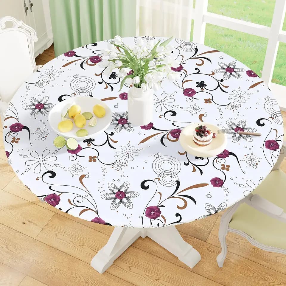 misaya Round Fitted Tablecloth with Elastic Edge, 100% Waterproof Oil Proof Plastic Table Cover, Vinyl Flannel Backed Tablecloth Fits 36"-44" Round Tables for Dinner, Outdoor, Picnic, Red Flowers
