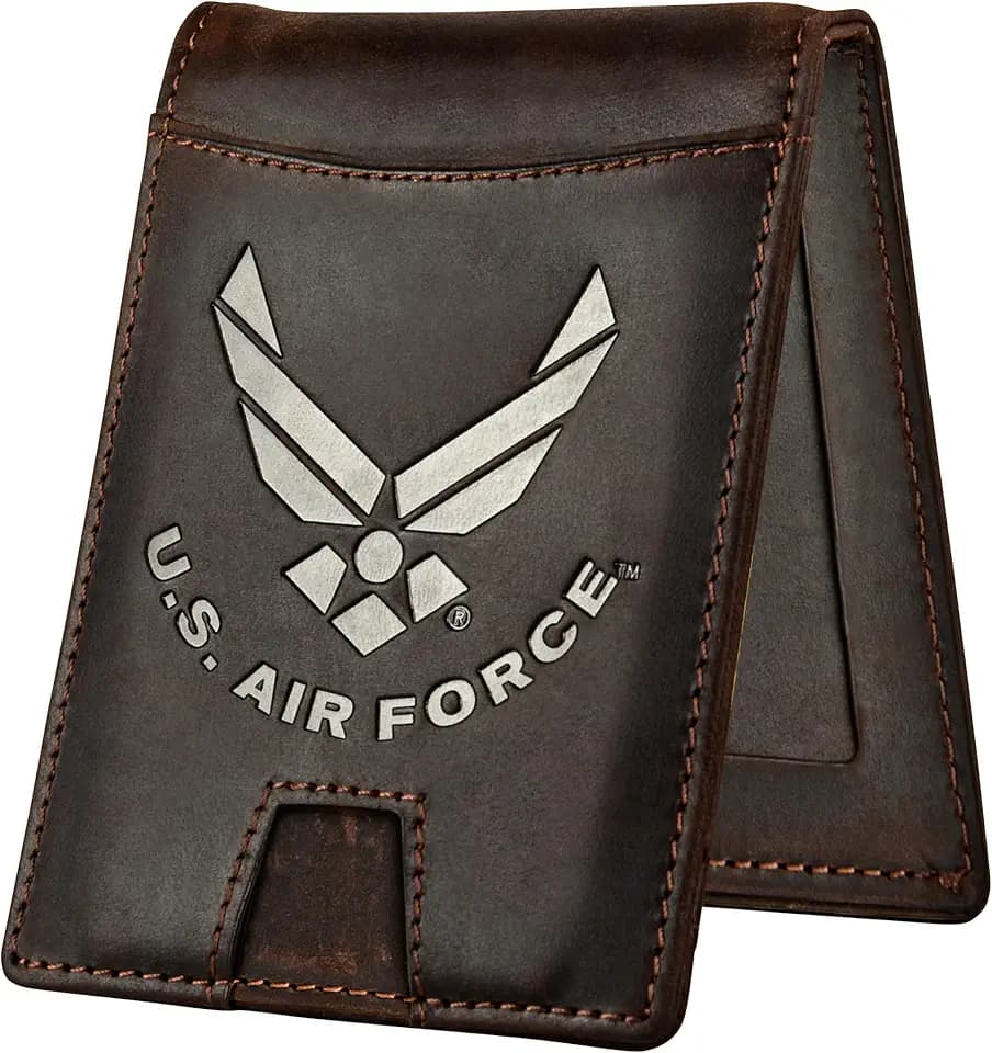 Air Force Wallet – Genuine Crazy Horse Leather RFID-Blocking Bi-Fold Card Holder with Money Clip – USAF Leather Wallet Brown