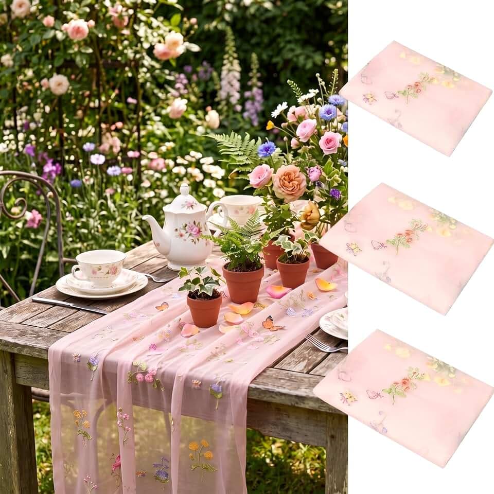 Lounsweer 3 Pcs Pink Wildflower Table Runner 10ft Embroidery Tulle