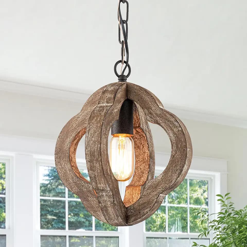 10" Small Farmhouse Wood Oak Pendant Light for Kitchen Island Over Sink