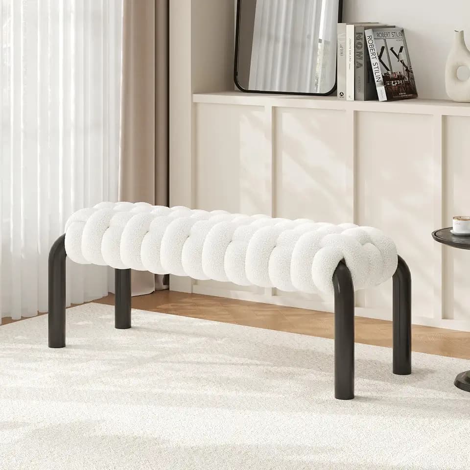 Christopher Knight Home Roach 41" Modern Teddy Braided Upholstered Entryway Bench, Ottoman Bench with Curved Metal Legs, Long Footstool for Living Room Dining Room, End of Bed Ottoman, White