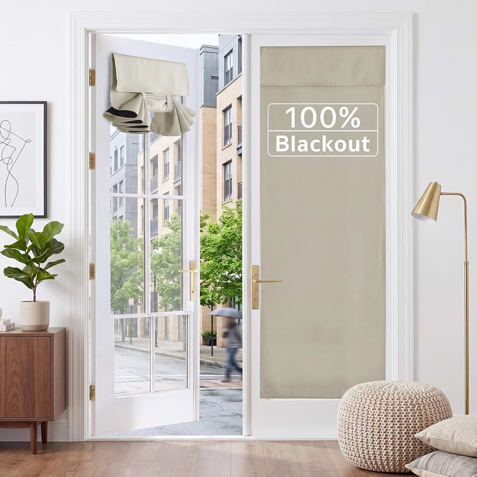 RYB HOME 2 Panels 100% Blackout French Door Curtains Set of 2 - W26 x L72, Natural - No Drill Door Window Curtains Thermal Insulated Privacy Assured Shades for Front Entrance