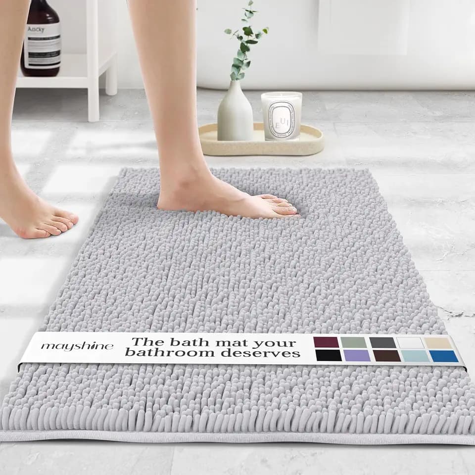 MAYSHINE Large Plush Shaggy Chenille Bath Mat 39"x24" Extra Soft, Super Absorbent, Non-Slip Bathroom Rug | Fluffy Microfiber, Area Rug Sets for Bathroom Floor, Kitchen, Living Room | White