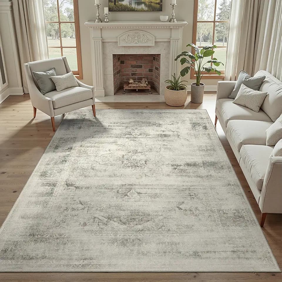 DCX Washable 5x7 Vintage Rug, Stain Resistant Distressed Beige Rug