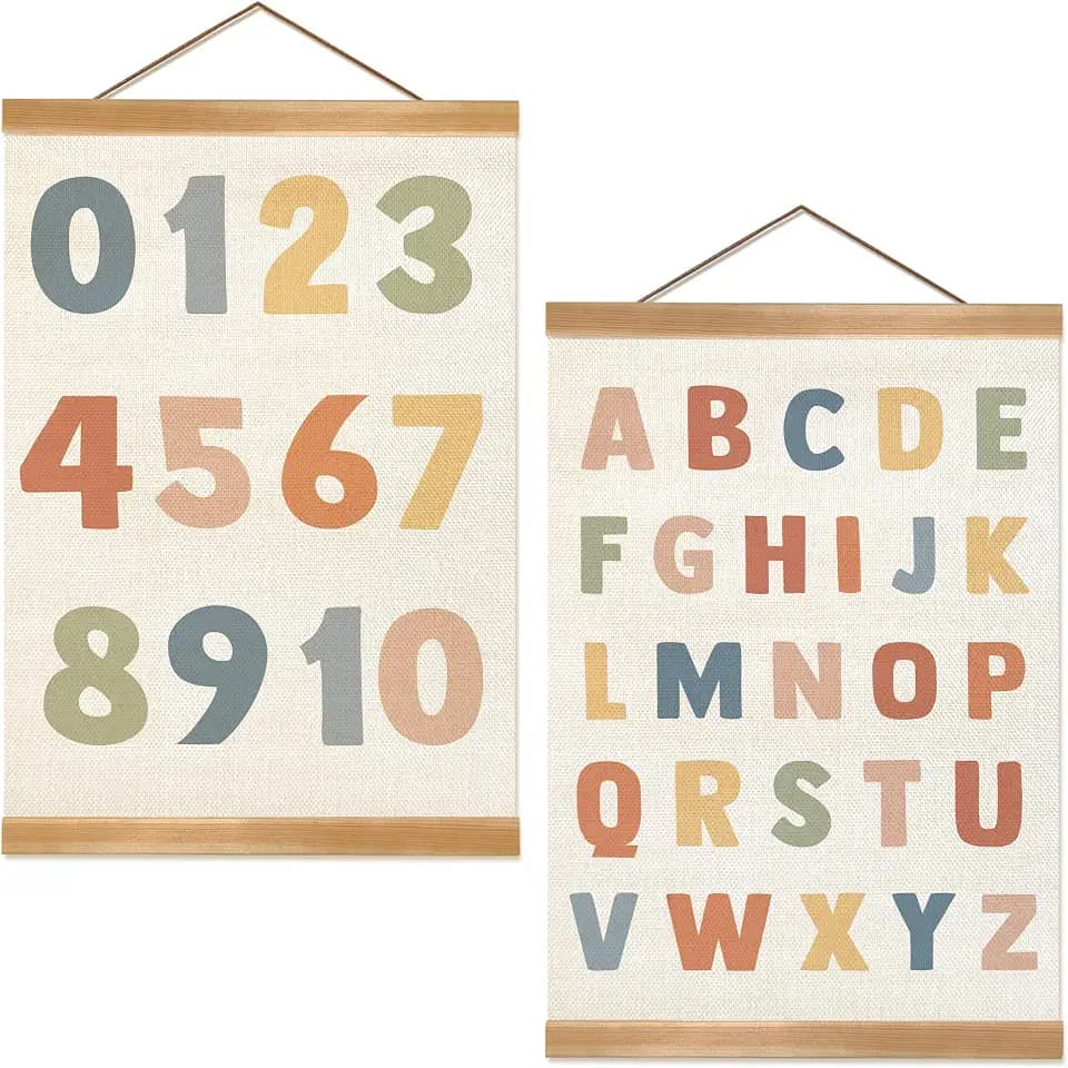 ZTGDA Alphabet Numbers Poster Set of 2, Alphabet Numbers Wall Art, ABC Banner Poster, Wall Hanging Decor for Toddler Room Playroom Nursery Wall Classroom Decor 12x16inch