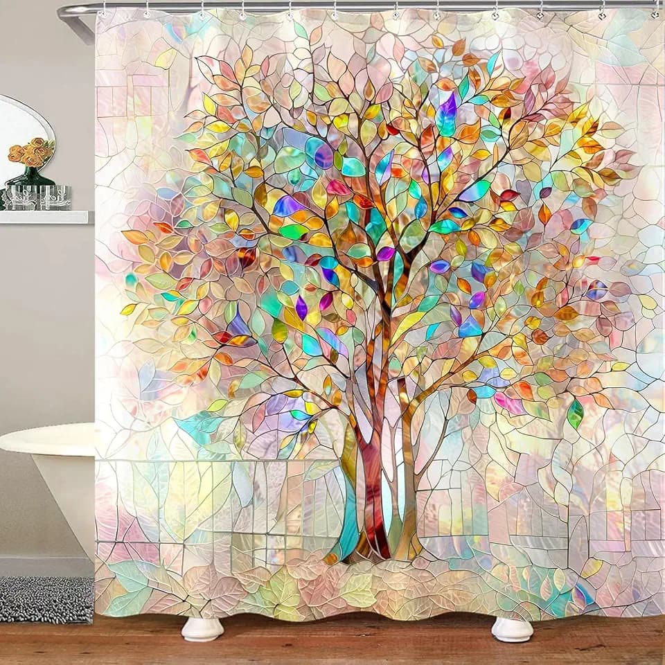 Tree of Life Shower Curtain Stained Glass Shower Curtain Art Shower Curtains for Bathroom Colorful Shower Curtain Set with 12 Hooks Tree-01 72×84 Inches