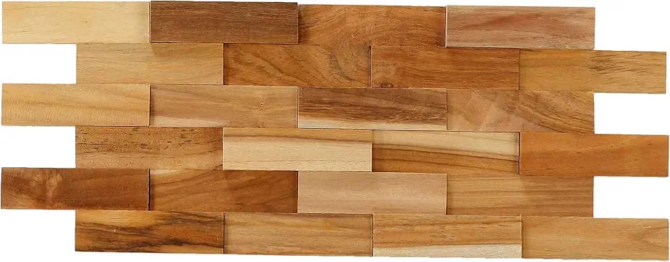 Bare Decor EZ-Wall Brick 3D Pattern Tile in Solid Teak Wood Natural Finish, Set of 10