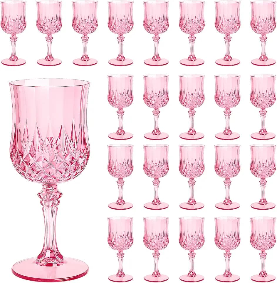 Plastic Wine Glasses Set of 24, 7.7 oz Reusable Plastic Goblets, Pink