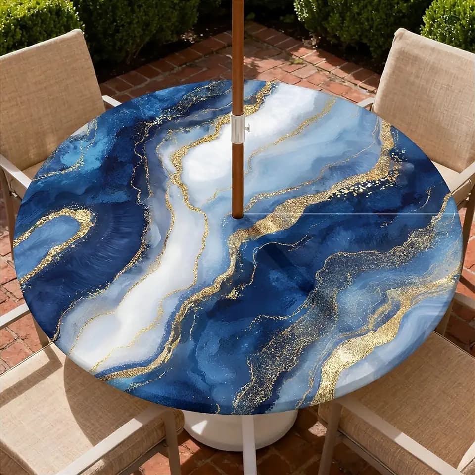 Round Outdoor Tablecloth with Umbrella Hole and Zipper, Elastic Fitted Waterproof Patio Tablecover for Garden Patio Backyard Picnic BBQ, Fits 37"-44" Round Table, Blue Gold Marble