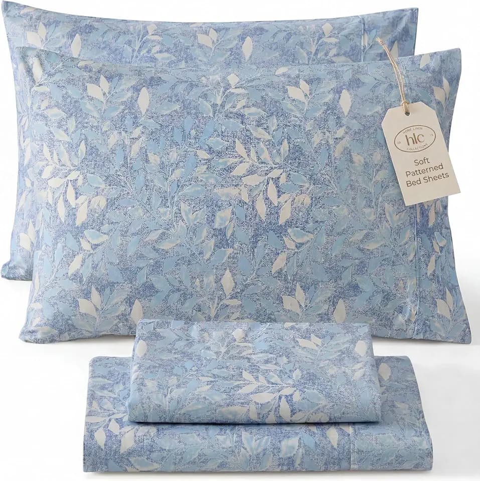 HLC.ME Leaves Printed - Floral Bed Sheets - Botanical Patterned Bed Sheet Set - Wrinkle Resistant & Ultra Soft - Fits Mattresses up to 15 Inches Deep (Full Size, Blue)