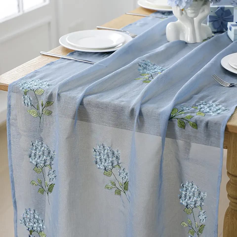 Tudomro Blue Hydrangea Embroidery Tulle Table Runner 9.2 Ft