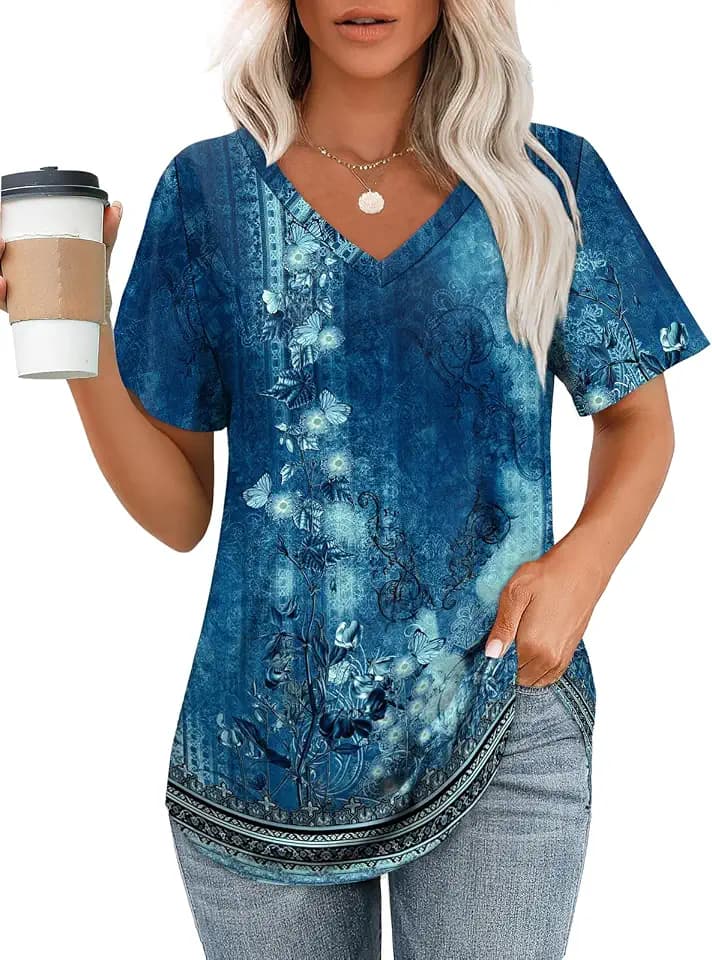 OFEEFAN Womens T Shirts V Neck Short Sleeve Casual Tops Loose Fit Basic Tees with Curved Hem