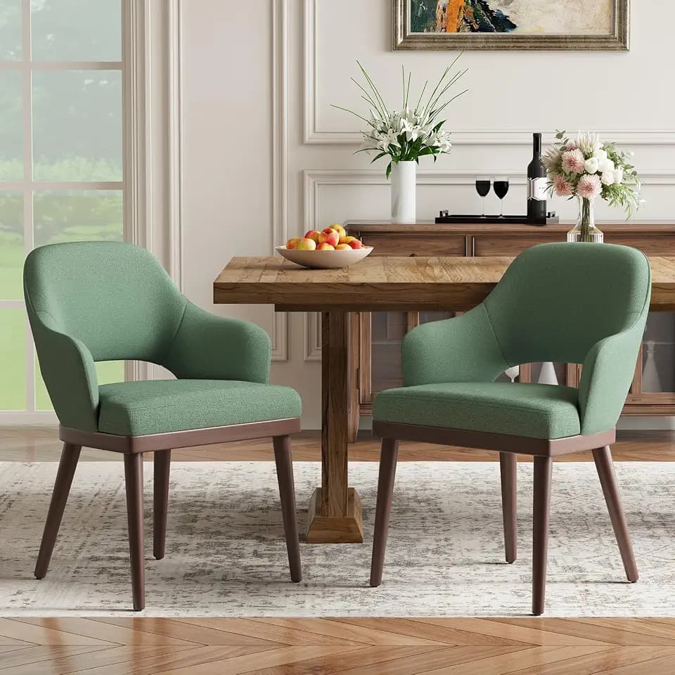 MALOL Wooden Dining Chairs Set of 2, Modern Fabric Upholstered Dining Room Chair, Kitchen Side Chairs, Farmhouse Dinner Chair with Open Back for Kitchen, Green, Walnut