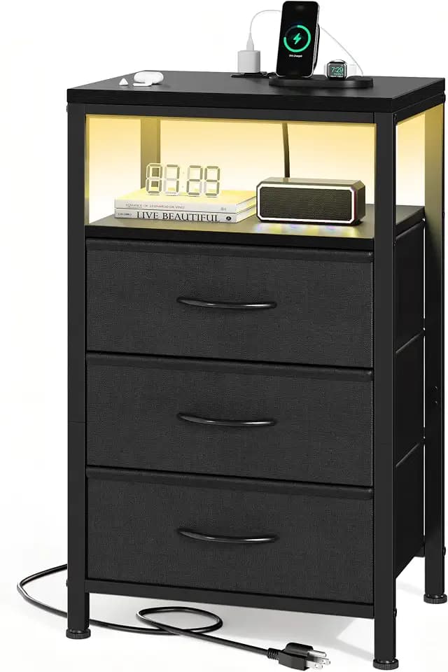 Sweetcrispy Nightstand with Charging Station 3 Fabric Drawers Bedside Table