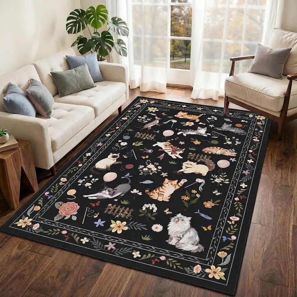 Unirea 3x5 Black Washable Area Rug for Entryway Living Room Cute Animal Cat
