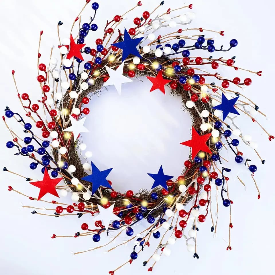 Patriotic Wreaths for Front Door with Lights, 20inch 4th of July Wreaths Red White and Blue Berry Star Summer American Flag Wreath for Independence Day Flag Day Memorial Day Window Wall Decor