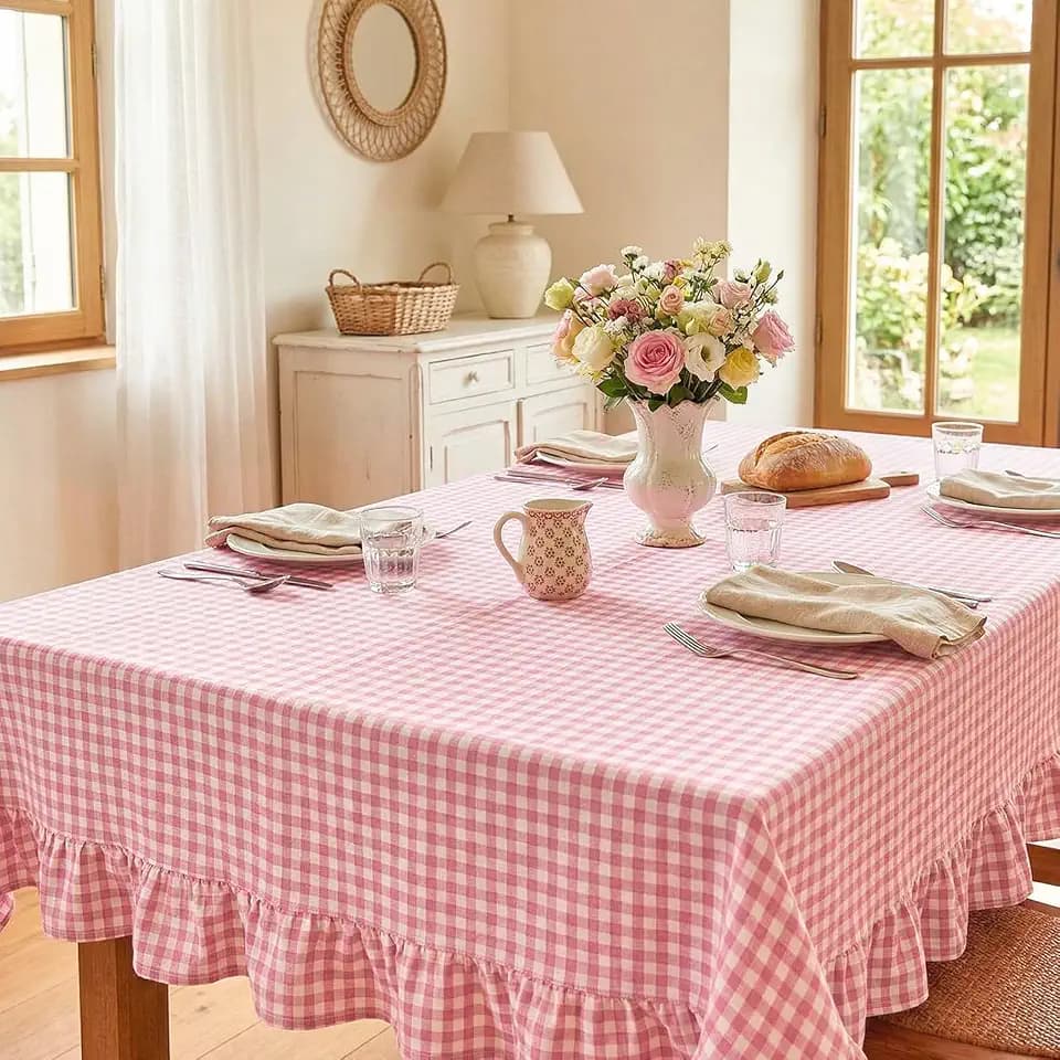 Mindsoft Light Pink Gingham Ruffled Tablecloth, 52 x 70 Inches, Rectangle