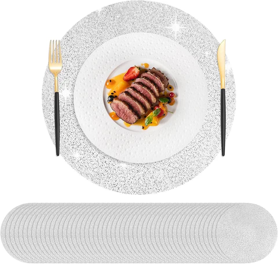 Hysenm 50 Pcs Silver Disposable Placemats Set Ultra-Thin Table Doilies Mat