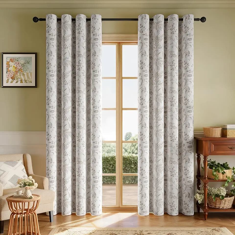 Rinwoc Vintage Leaf and Floral Print Blackout Curtains Set of 2 Panels 84 Inch, Room Darkening Thermal Grommet Top Linen Textured Drapes for Bedroom Living Room Gray (W52xL84)