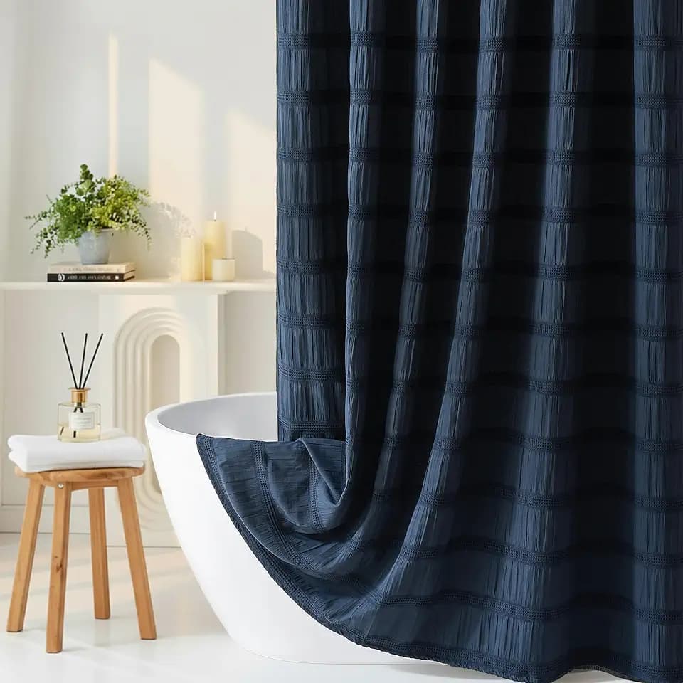 Navy Blue Shower Curtain Boho, 72 x 72 Cotton Blend Waffle Tufted Striped Chic Textured Fabric Shower Curtain for Bathroom, Hotel, Washable