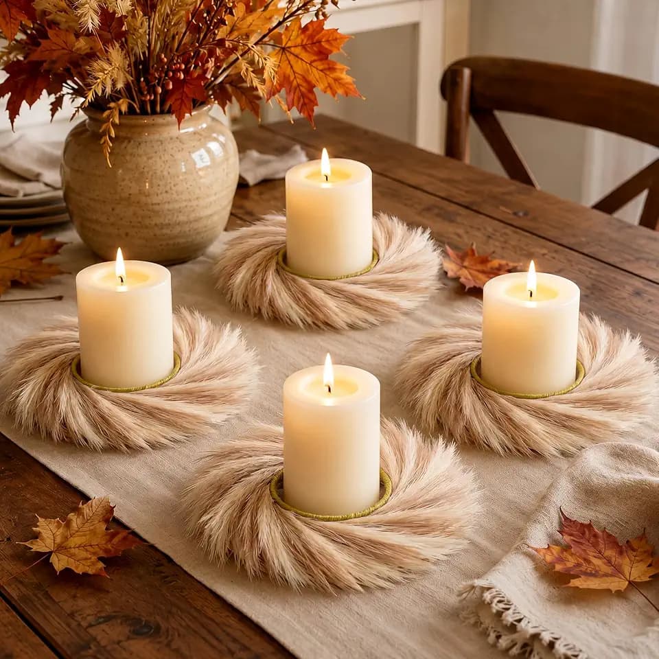 Dingion 4 Pcs Fall Pampas Grass Candle Rings Wreaths 10 Inch