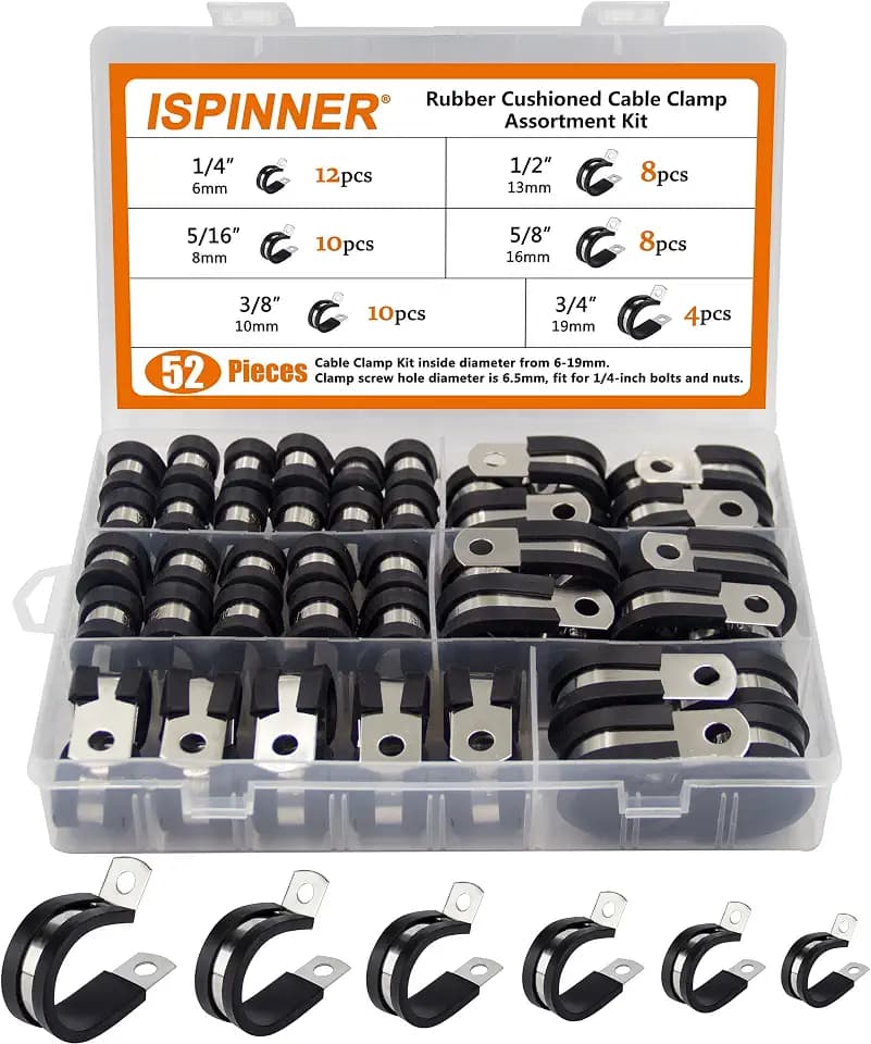 ISPINNER 52pcs Cable Clamps Assortment Kit, 304 Stainless Steel Rubber Cushion Pipe Clamps in 6 Sizes 1/4" 5/16" 3/8" 1/2" 5/8" 3/4"