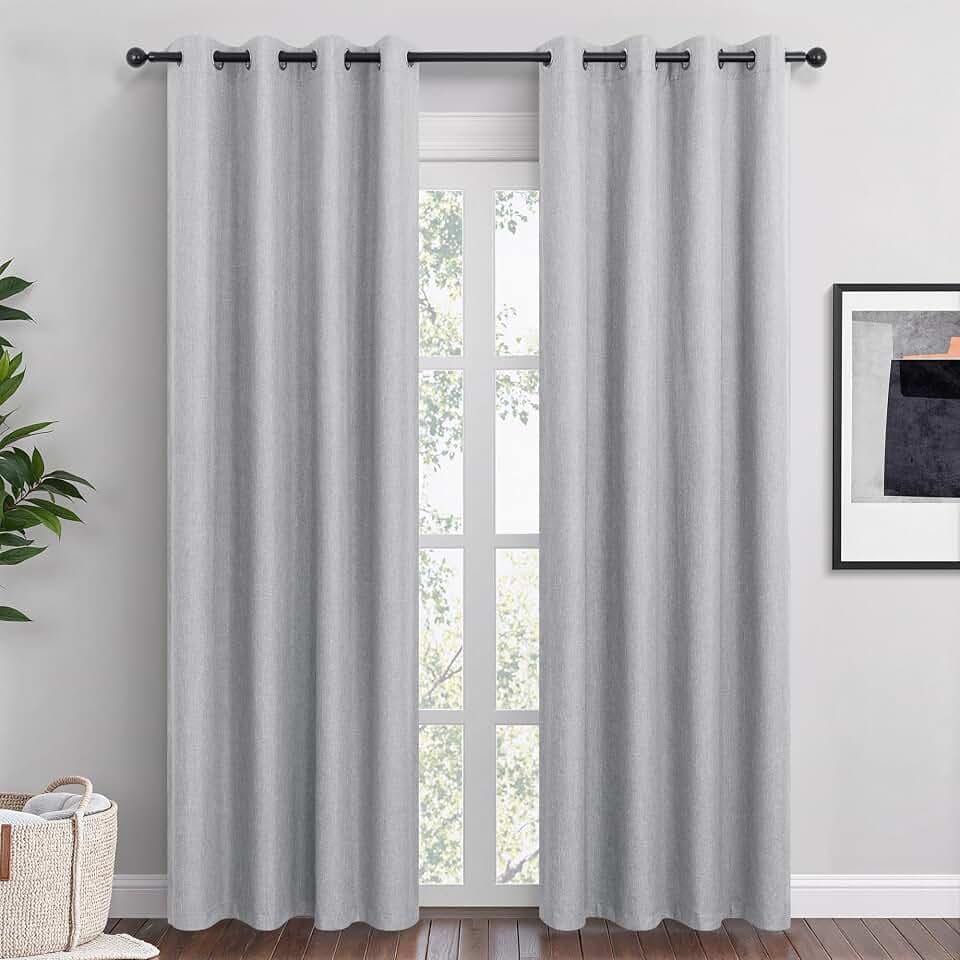 Light Grey Linen Blackout Curtains 102 Inch Length 2 Panels Set for Bedroom Living Room Grommet 100% Black Out Linen Drapes Room Darkening Window Curtains 102 Inches Long Light Silver Gray