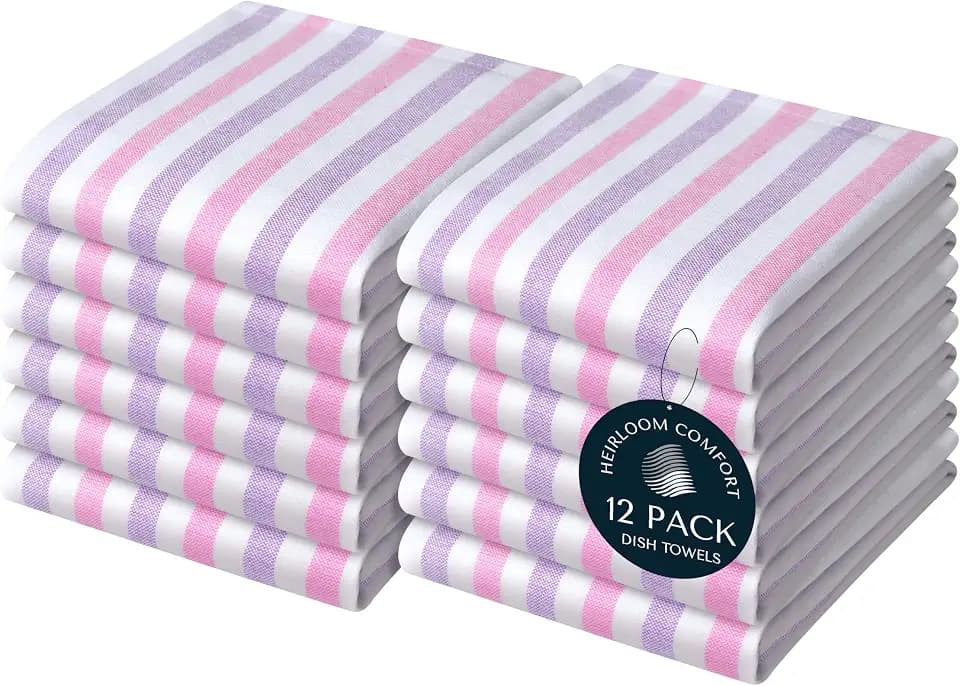 Fiesta Stripe 100% Cotton Dish Towels Set of 12, Large 18x26 Inch, Quick Dry, Absorbent & Reusable for Cleaning, Cooking, Kitchen Decor, Machine Washable, Rose Pink & Lavender