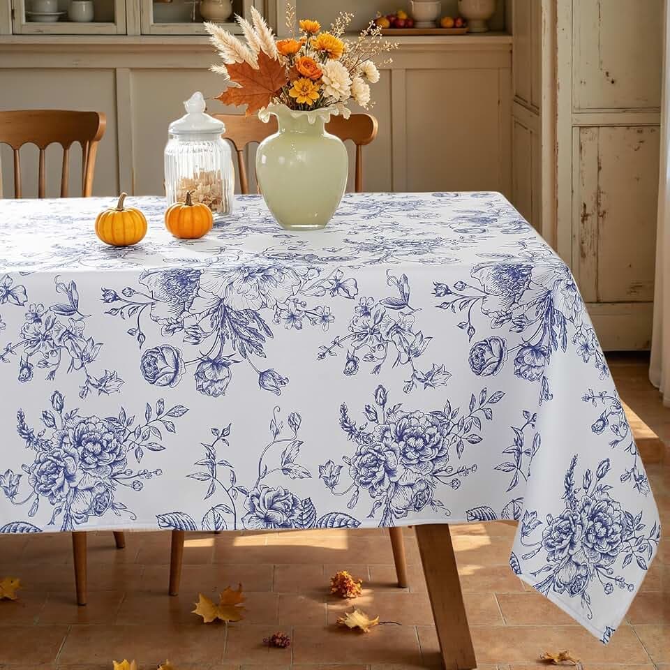 Honellaty Rectangle Tablecloth, Blue and White Floral 60 x 84 Inch