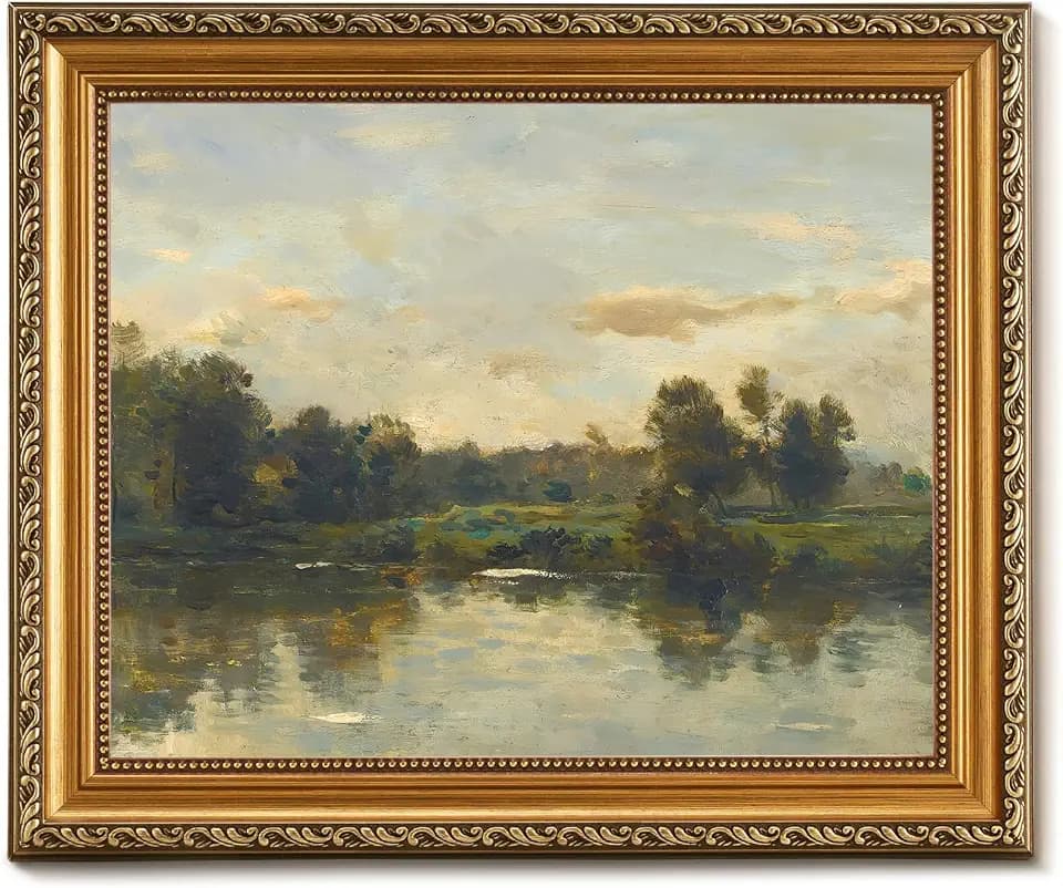 Vodefoad Vintage River Landscape Gold Framed Wall Art for Home Decor Farmhouse Wall Decor Rustic Countryside Nature Spring Canvas Art Prints Antique Gold Framed Artwork for Walls Farmhouse Canvas Prints Fall Home Decor for Bedroom Bathroom Living Room - 11x14Inch