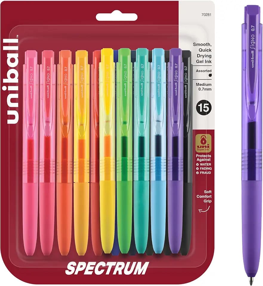 uniball Spectrum Retractable Gel Pens, Medium Point (0.7mm), Assorted Ink, 15 Pack