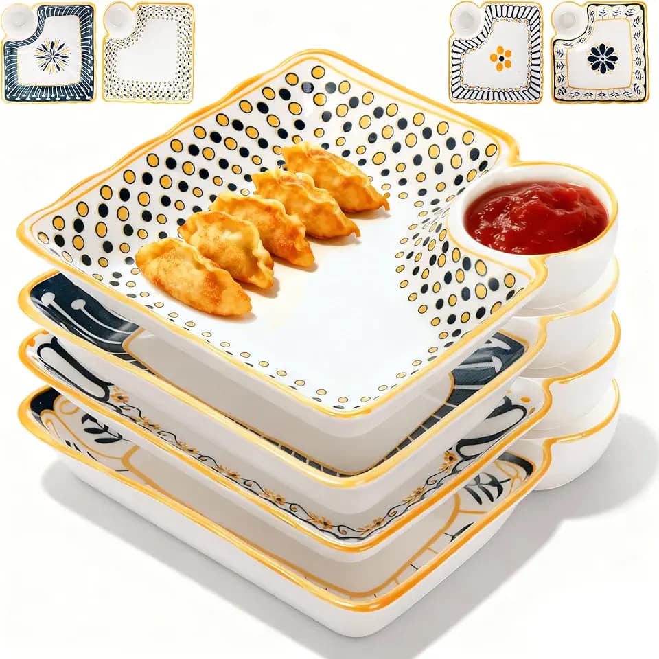 Noamus 4 Pack Dumpling Plate with Dipping Saucer, 7.5" Ceramic Japanese Sushi Platter, Colorful Square Serving Plate with Dish for Home Kitchen, Snack Dessert Salad Fries Fruit Gyoza