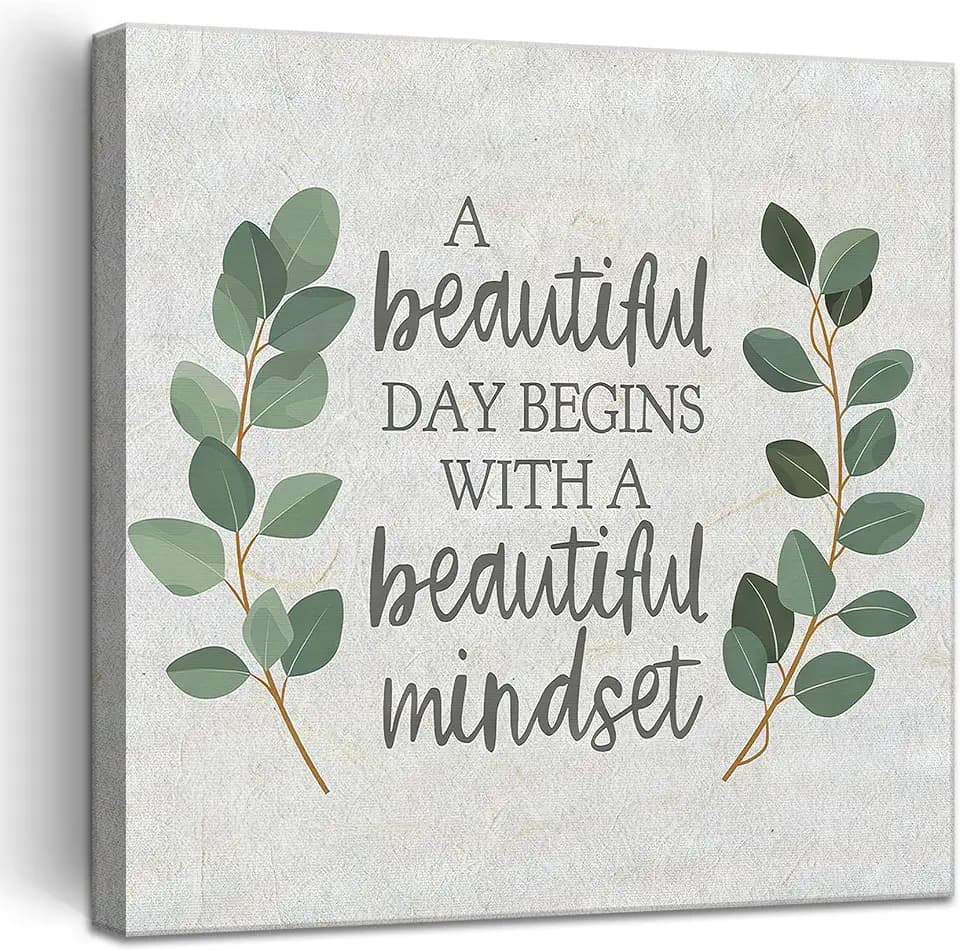 Framed Inspirational Wall Art Minimalist Eucalyptus Wall Decor Motivational Positive Quotes Canvas Posters Prints Green Botanical Pictures for Office Living Room Bedroom Decoration (12"x12")