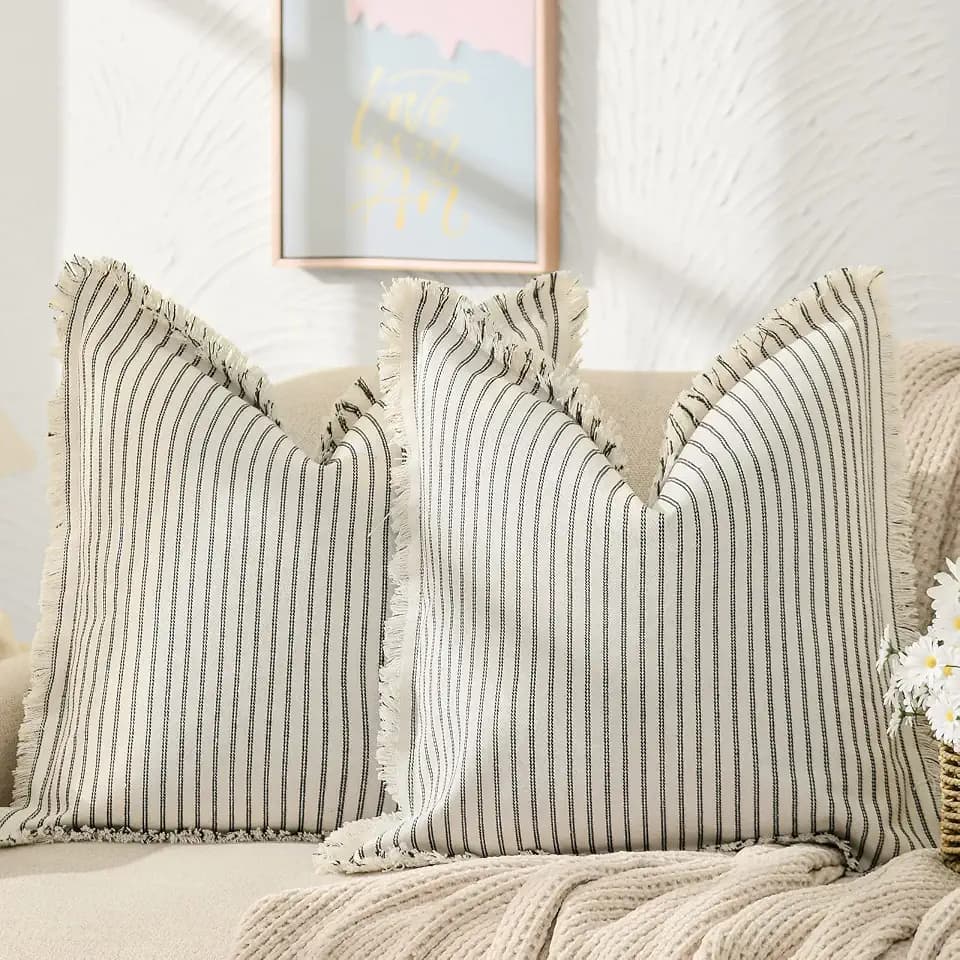 ZWJD Throw Pillow Covers 18x18 Set of 2 Striped Pillow Covers with Fringe Chic Cotton Decorative Pillows Square Cushion Covers for Sofa Couch Bed Living Room Farmhouse Decor, (Black)
