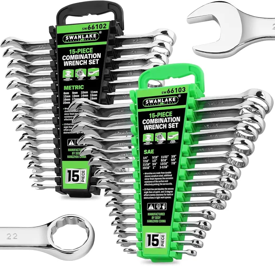 SWANLAKE 30-Piece Combination Wrench Set, Metric & SAE (8-22mm & 1/4” to 1-1/16”),12-Point Open End Standard Wrench Set, Mechanics Wrenches Sets, Chrome Vanadium Steel with Storage Rack