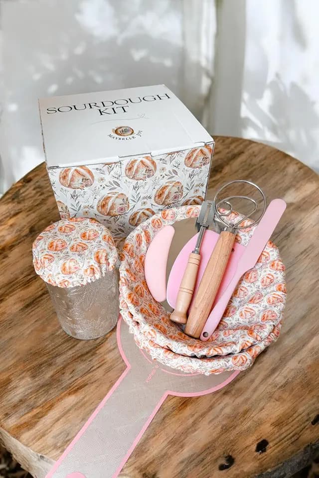 10 Piece Sourdough Kit | Vintage Jar | Bannetons Proofing | Custom Cute Jar and Cover | Dough Whisk | Pink Dough Scraper Cutter | Bread Lame | Silicone Spatula